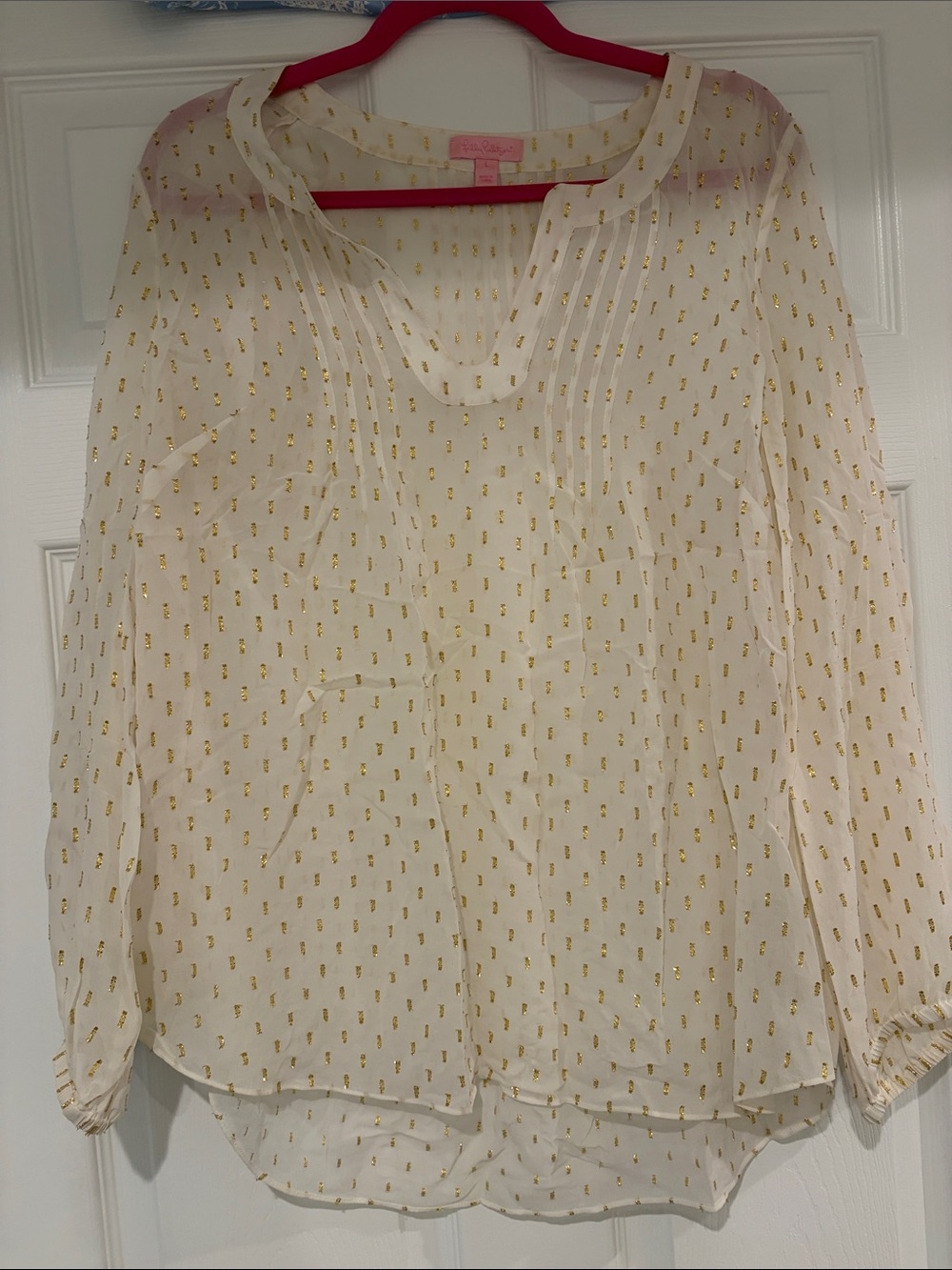 Lilly Pulitzer White Sheer Blouse with Gold Dot Accents
